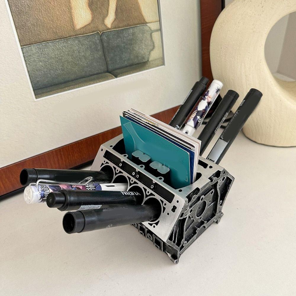 Resin Engine Block Desk Organizer Black Business Card Bracket Pen Holder Office Desk Organizer