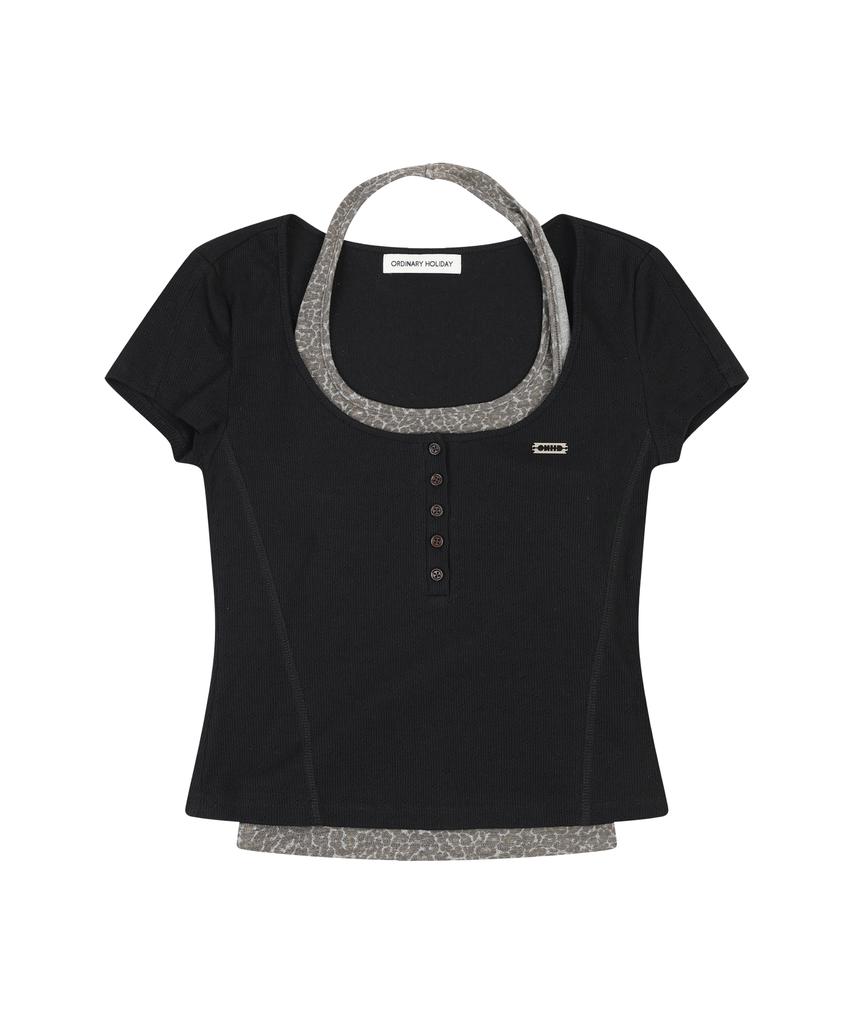 ORDINARY HOLIDAY Halter Layered Short Sleeve Set [Black]
