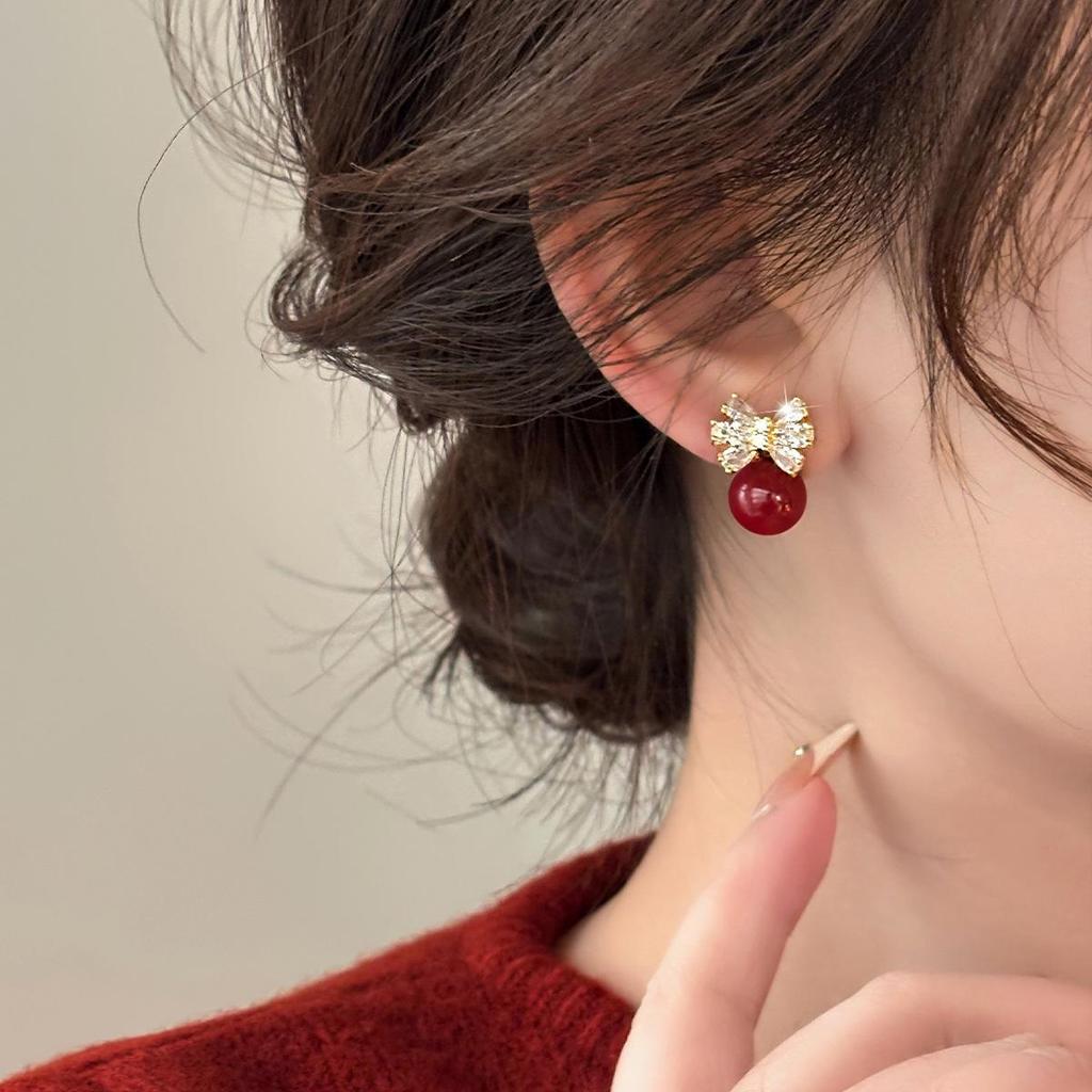S925 Silver Butterfly Stud Earrings with Wine Red Pearl & Diamond Inlay - Retro Fashion High-End Ear Jewelry