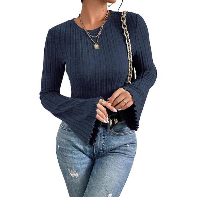 Women S Long Sleeve Round Neck Knit T Shirt Slim Fit Casual Top