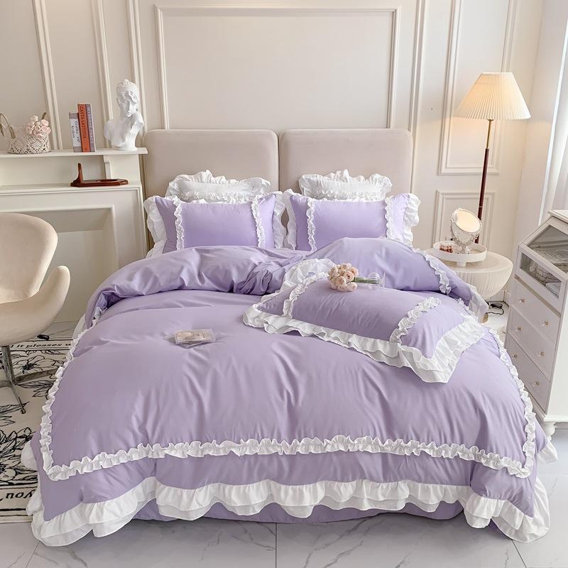 Korean Princess Lolita Bed 4-Piece Set Solid Washed Cotton Breathable Bed Sheet Duvet Cover Bedding Set with Lace