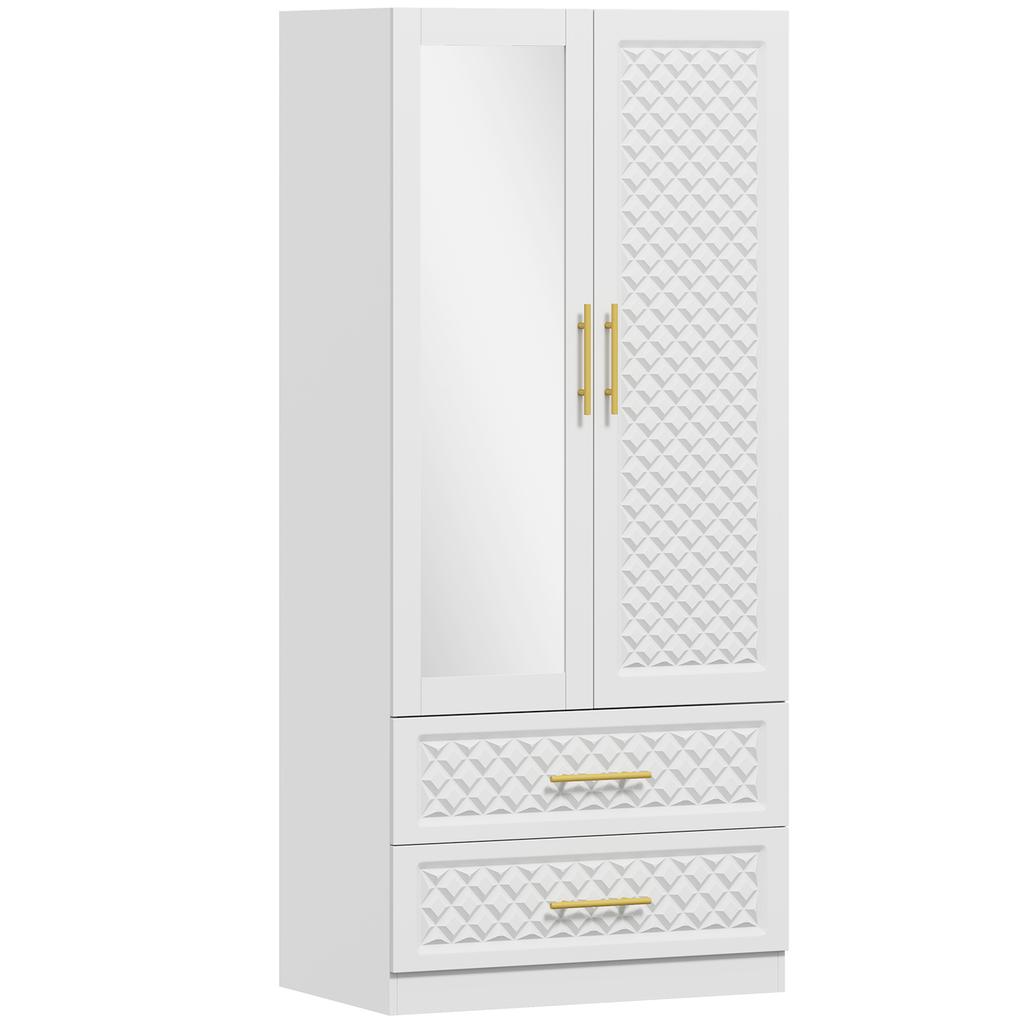 Bedroom Wardrobe with Mirror, 2 Drawers, 2 Doors, Hanging Rail, 80 x 50 x 180 cm, White
