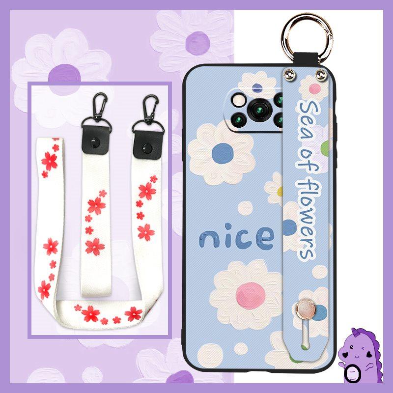 Anti-knock Protective Phone Case For Xiaomi Poco X3 NFC/X3 Pro Durable Oil Painting Phone Holder Wrist Strap Flower Ring