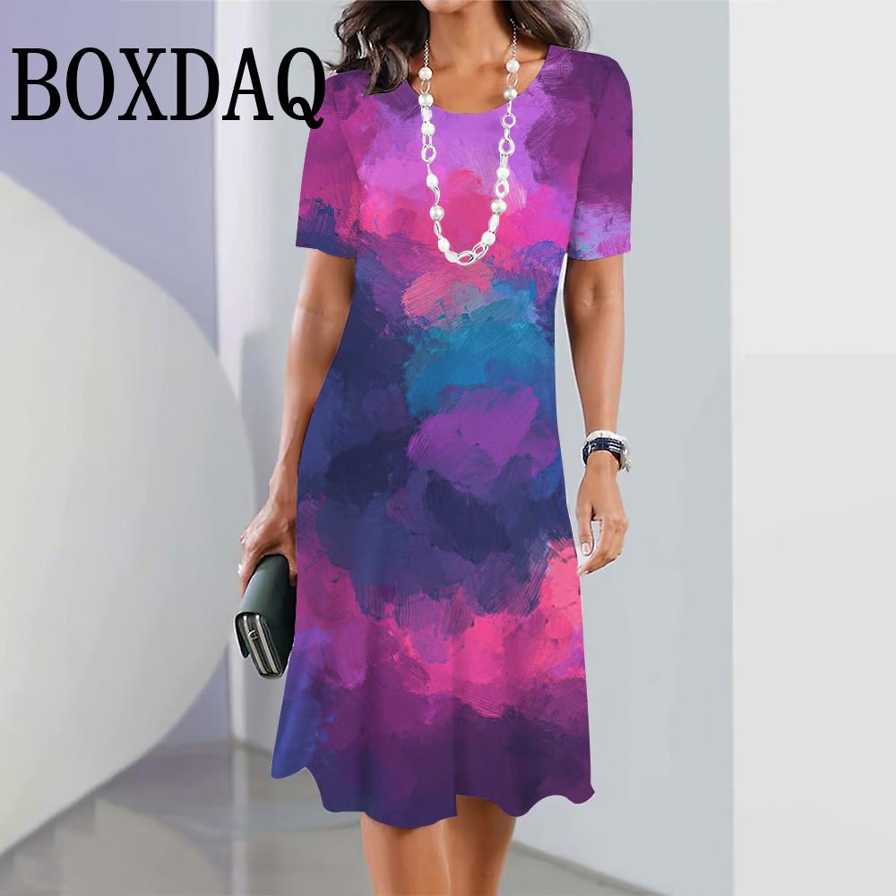Colorful Tie Dye Gradient Summer Dress Women's Short Sleeve Round Neck Clothes Daily Casual Fashion Loose Mini A-Line Dress
