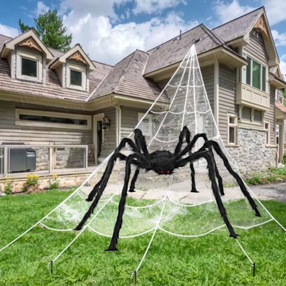 Halloween Spider Props Decoration 50'' Giant Scary Spider+200'' Triangular Giant Spider Web for Halloween Yard Lawn Party Decor