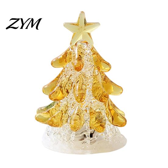 Clear Glass Tree with Gold Star Handmade Christmas Lighted Figurine, Mini Luminous Xmas Miniature Crystal Ornament Night Light, Art Tabletop