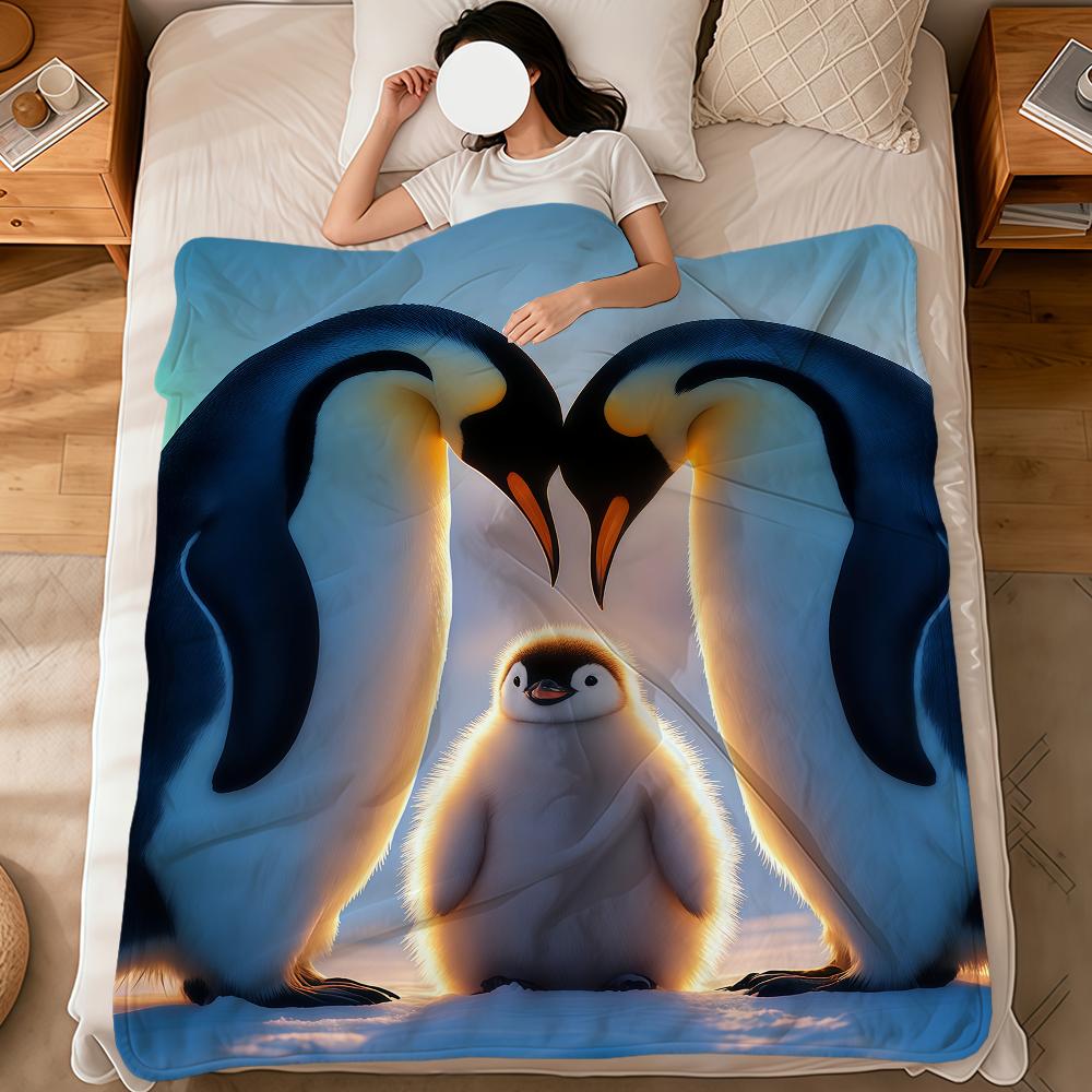 Kawaii Funny Art Penguin Family Soft Warm Plush Blanket for Dormitory Sofa Living Room Pet Hogar Bedroom Gift Nap Home Flannel