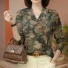 Velour Floral V-Neck Long Sleeve Plus Size Women's Top for Middle-Aged/Elderly