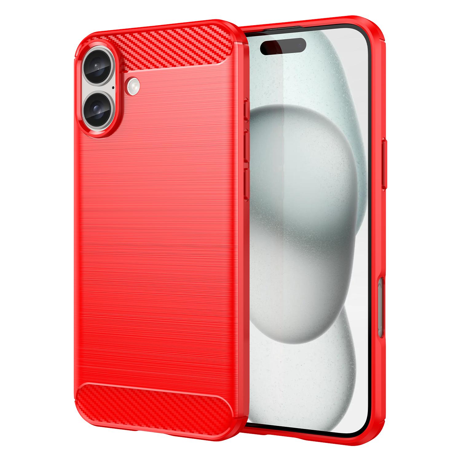 

For iPhone 16 Plus Case Brushed Soft TPU Phone Cover Carbon Fiber Texture Red