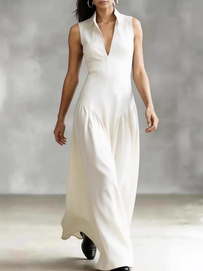 Elegant Black Sleeveless V-Neck Waist-Cinched Long Dress with Wide Hem - Perfect for Commuting and Evening Events.