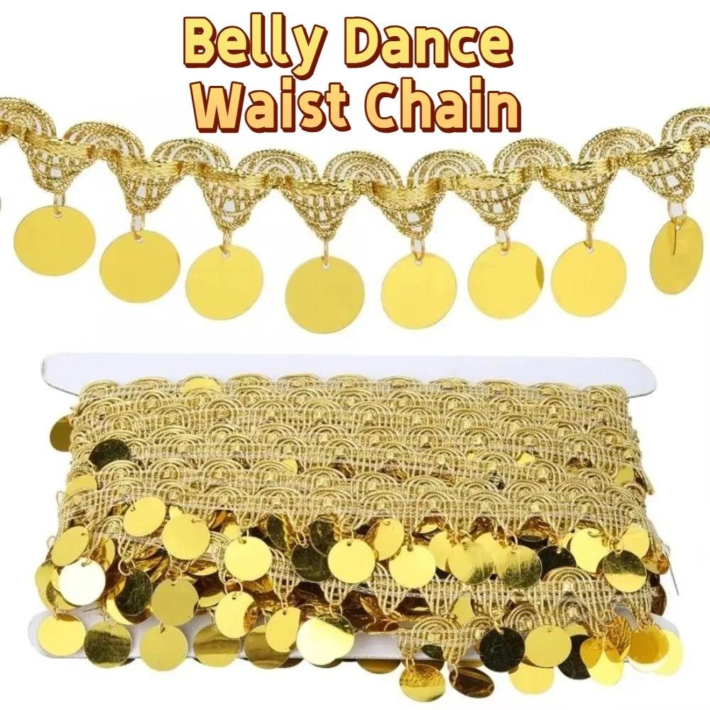 Shiny Tassel Belly Dance Waist Chain Golden Pendant Sequins Lace Trim  Stage Costume
