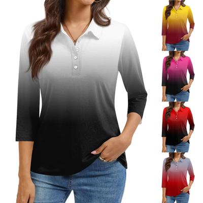 Women's Fashion Casual Lapel Short 3/4 Sleeve Print Shirt Women's Button Up Tops