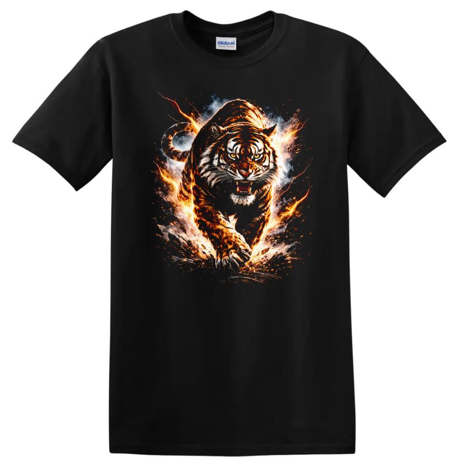 Tiger Running Fire Explosion T Shirt Cool Animal Art Graphic Tee