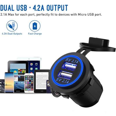 12/24V Podwójny port USB Ładowarka samochodowa Motocykl 5V 4.2A Gniazdo ładowarki Wodoodporny Szybki Adapter do szybkiego ładowania Pojazdów Łódź Ciężarówka
