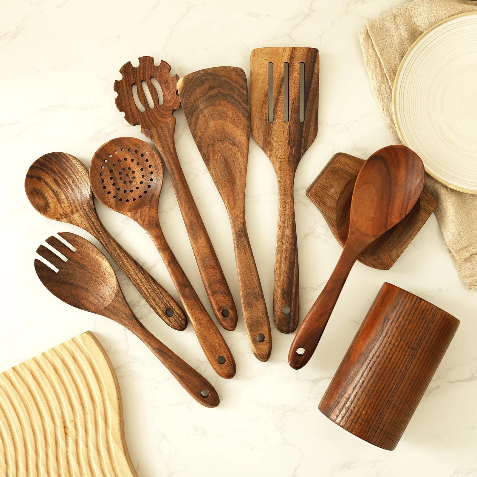 

9Pcs Wood Utensils Set Wooden Spoons for Cooking Spoon Server Scraper Spatula Tongs Versatile Cookware Accessory
