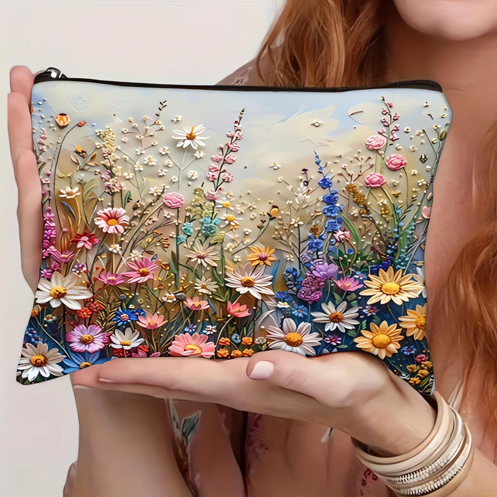 

Colorful Flowers Pattern Makeup Bag, 3D Floral Coin Purse, Stylish Wash Storage Bags, Double Sided Print Clutch Women Travel Bag