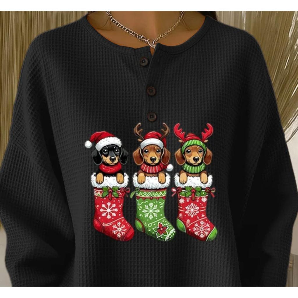 Women's Crew Neck Long Sleeve Waffle Knit Henley Top Loose Fit Casual Sweatshirt