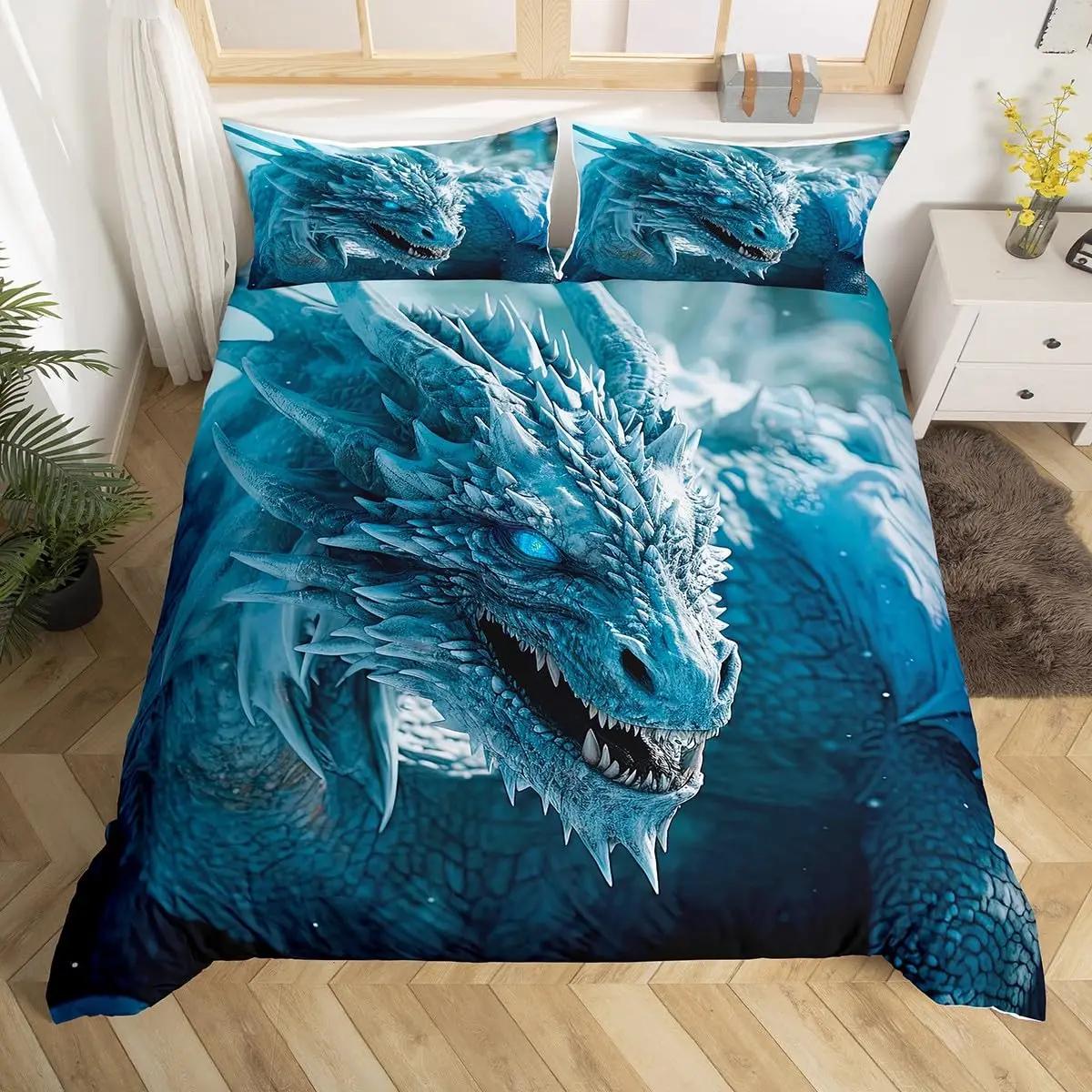 

3D Dragon Duvet Cover Snow Mountain Bedding SetFlying Dragon Comforter Cover for Boys Girls Room DecorBlue White Quilt Cover US Twin(172x218cm) чистый