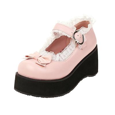 Women Men Cosplay Shoes Sweet Lolita Ruffles Bowknot Lace Bridal Wedding Girls Wedges Heel Princess Dress Pink Black Big Size 48