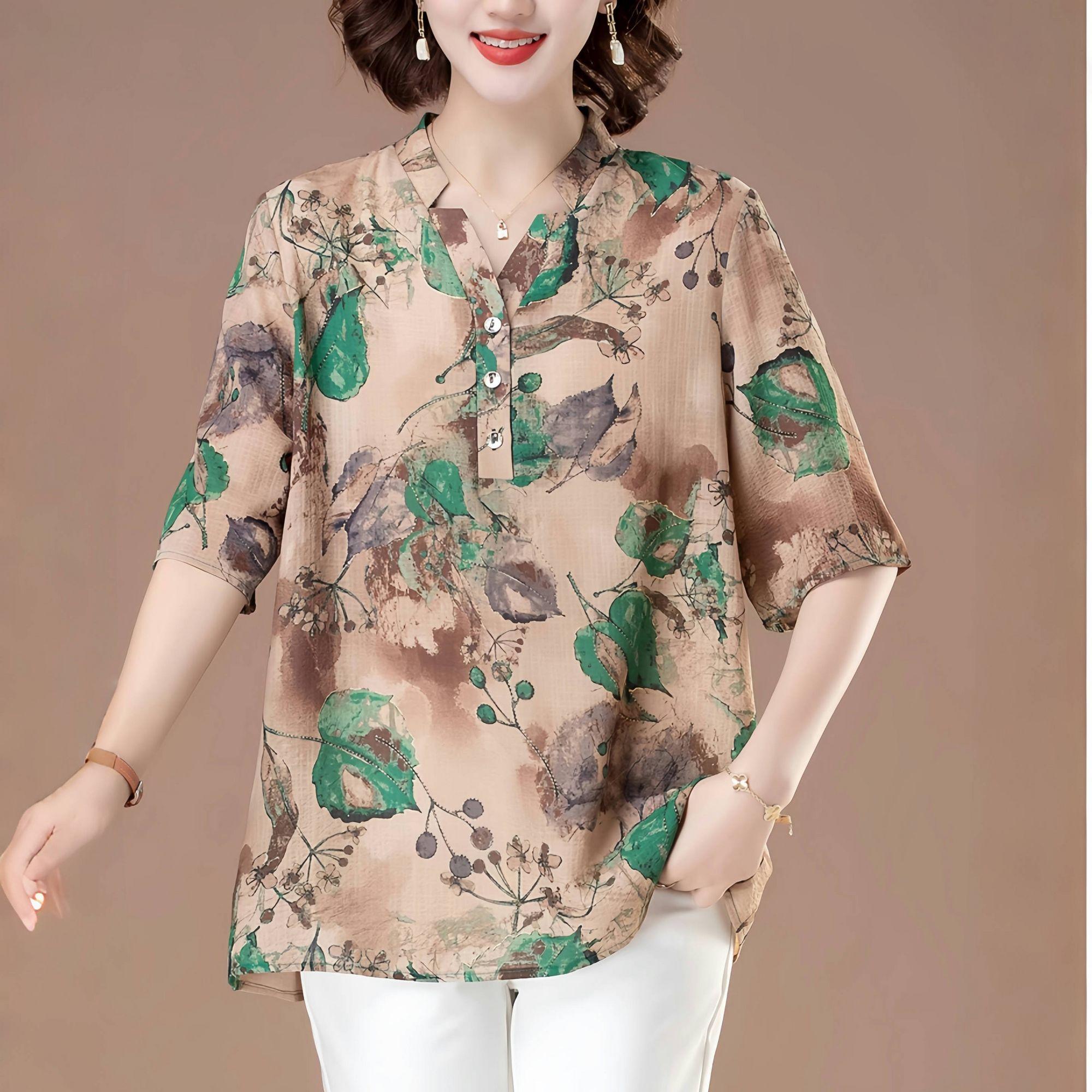 

Шифоновая рубашка пуловер летняя для матери среднего возраста топ новая с коротким рукавом женская одежда свободная блузка с принтом футболка 5XL is suitable for about 181-100kg зелёный