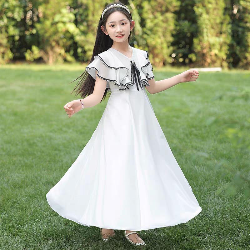 Girls Beach Summer Princess Dress Short Sleeve Solid Color