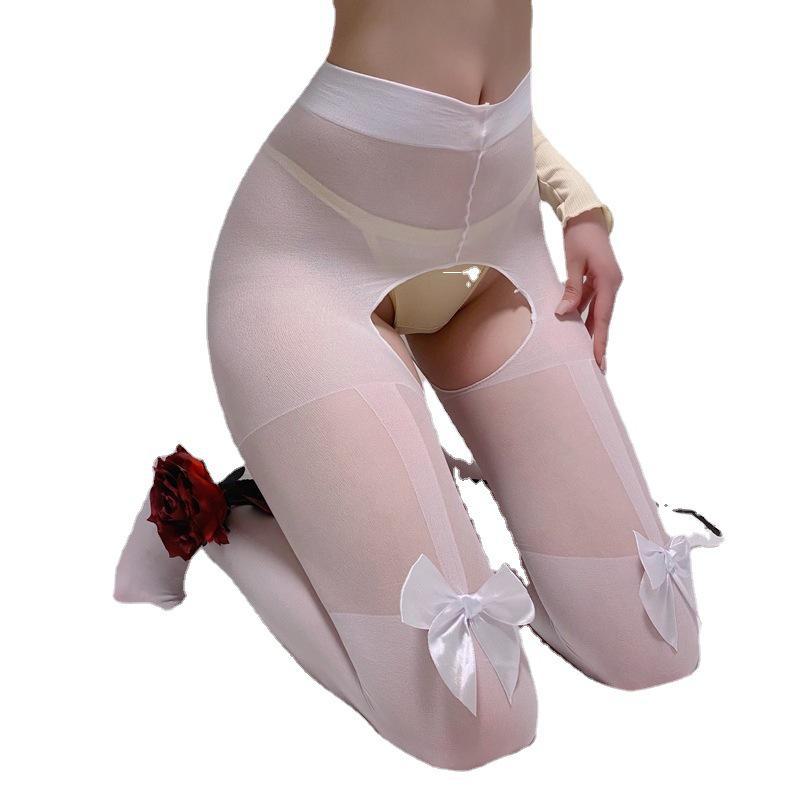 New Black Silk Bow Open Crotch Stockings - Tempting and Sexy Rabbit Uniform Pantyhose