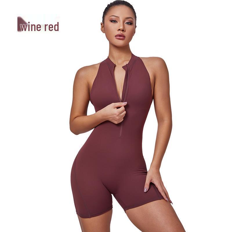 European & American Zipper Aerial Yoga Jumpsuit Bodysuit with Chest Pad & Tummy Control for Women Fitness.