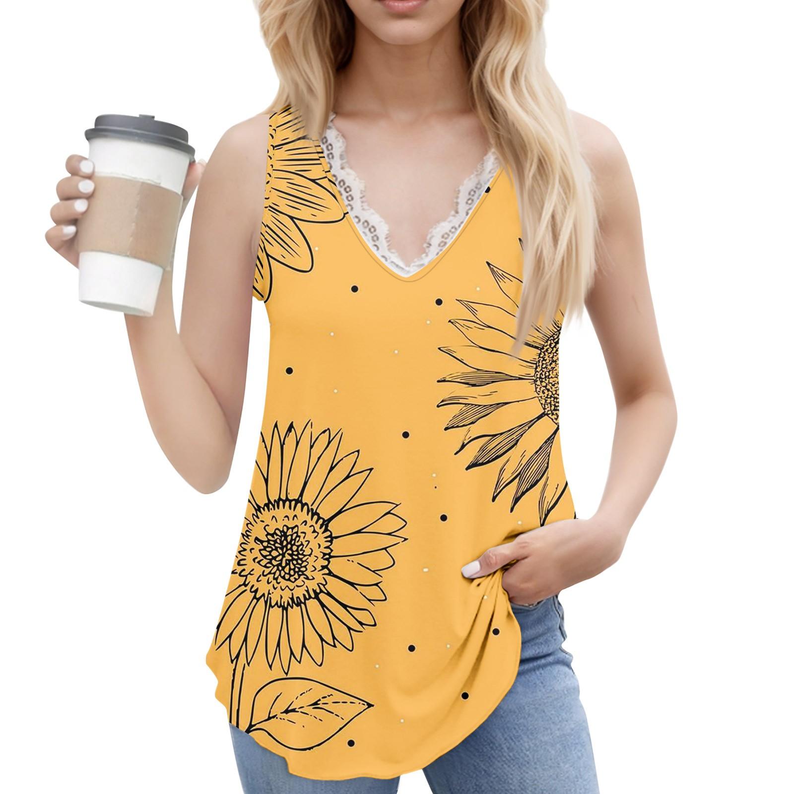 

Женский повседневный модный топ без рукавов с V-образным вырезом и цветочным узором XL жёлтый