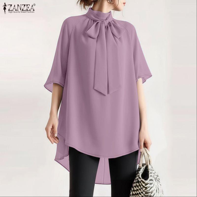 ZANZEA Women Stand Collar Loose Casual Half Sleeve Blouse