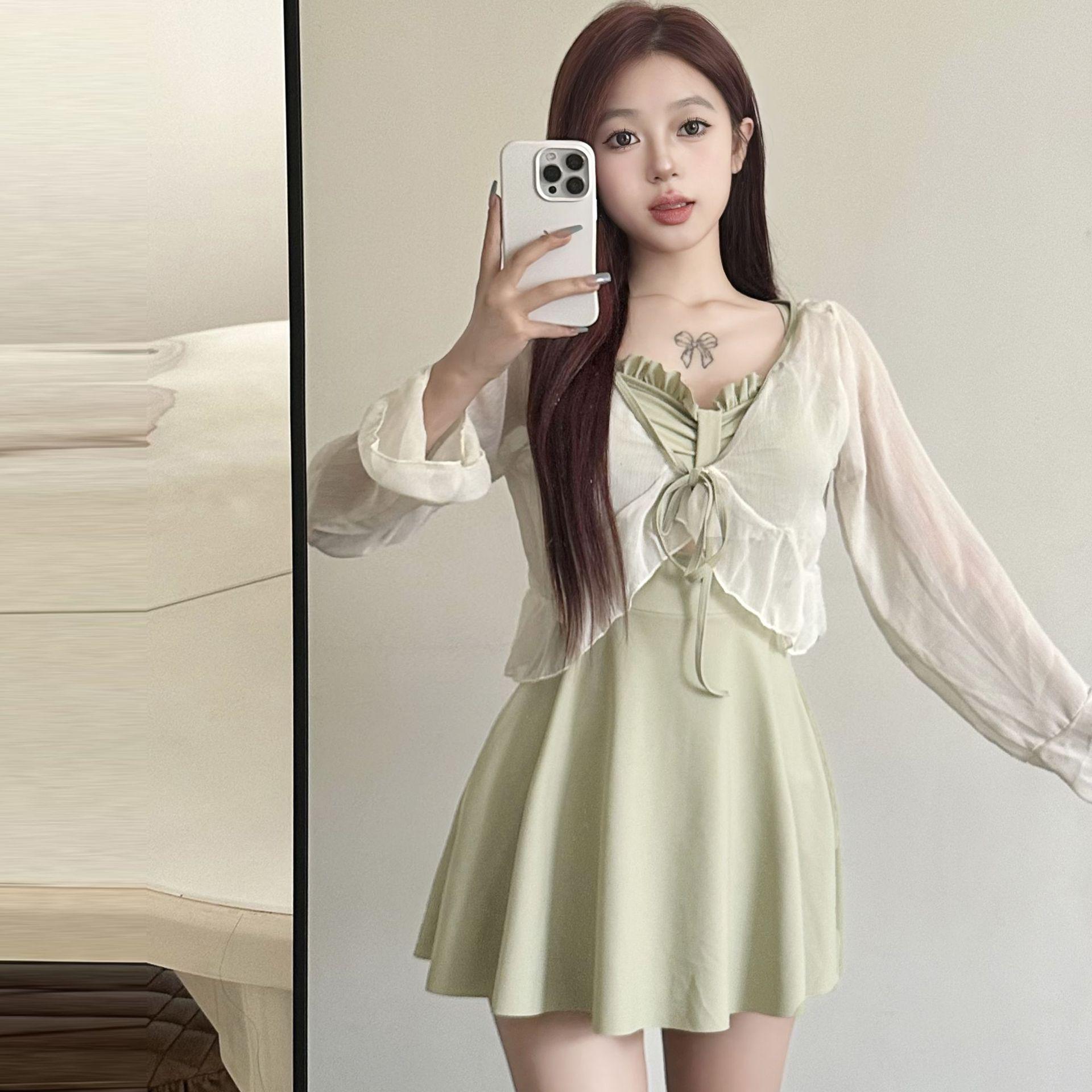 

Женский корейский курортный купальник с длинным рукавом и юбкой-накидкой XXL