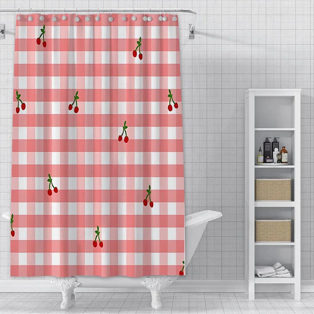 Charming Cherry Shower Curtain - Vibrant Lip & Plaid Designs for Playful Bathroom Décor, Waterproof, Easy Care & Unique Charm