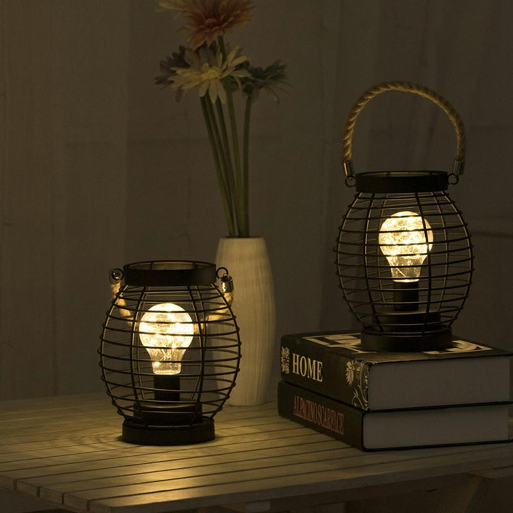 Retro Hollow Out Iron Art Round Handheld Lantern Portable LED Copper Wire Bulb Table Lamp