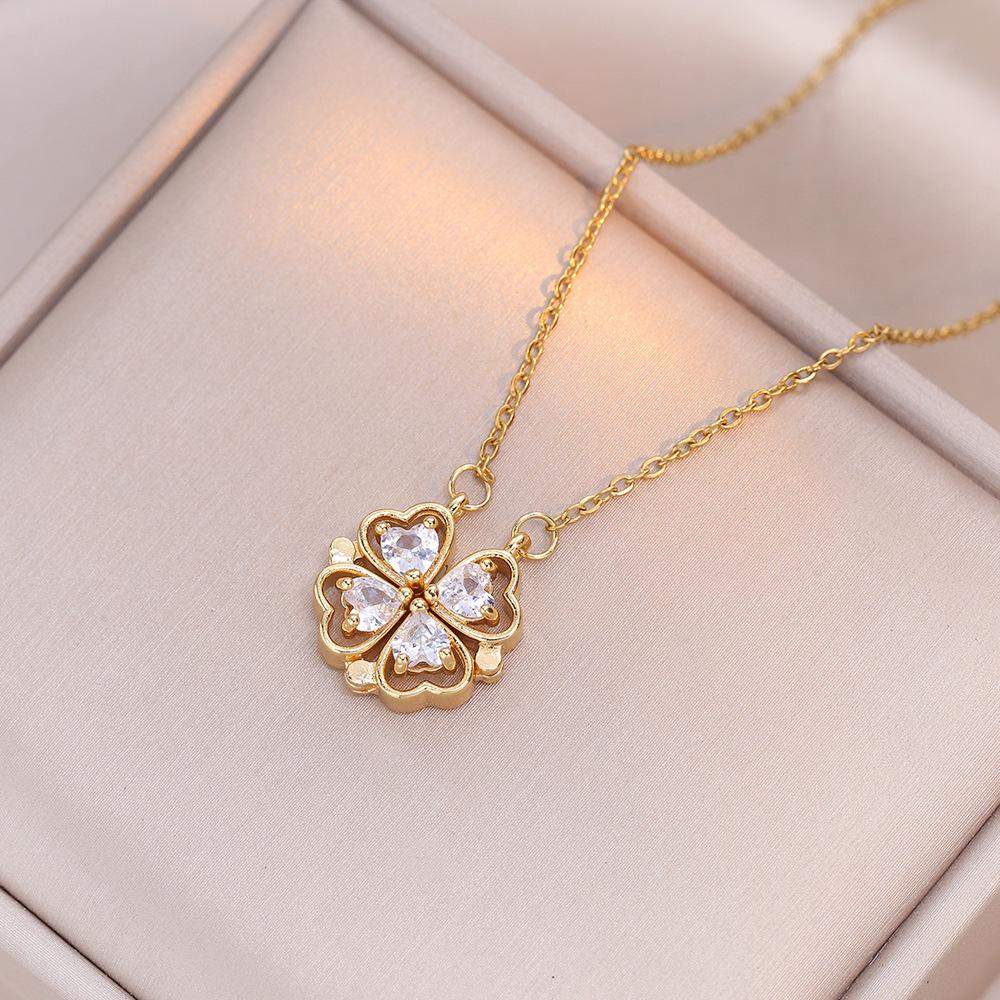 Women's Japanese Korean Folding Fashion Two-Wearing Four-Leaf Flower Heart-to-Heart Clavicle Necklace Zircon Copper Water-Wave