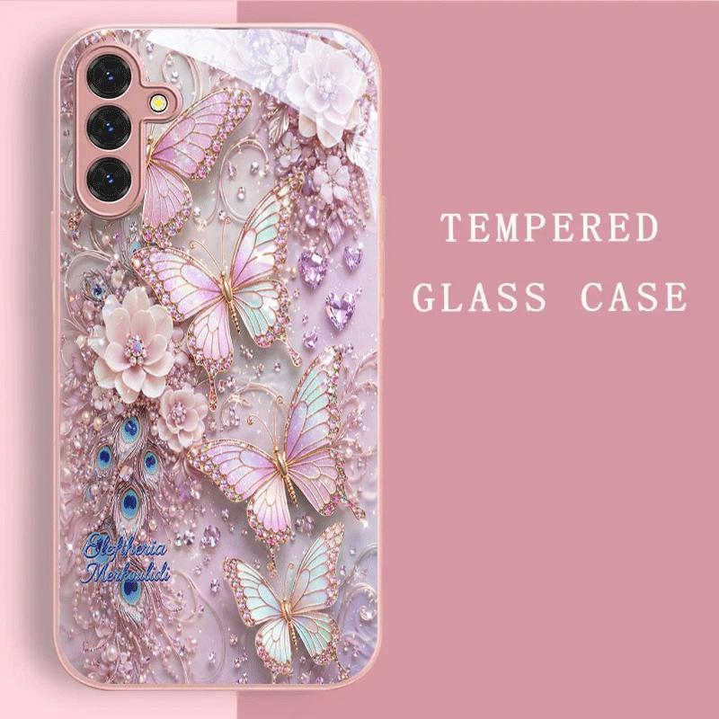 Pink Butterfly Hot-selling Exquisite Beautiful PhoneCase Glass PhoneCase for Samsung Galaxy S26 S25 S24 S23 S22 FE Ultra Plus