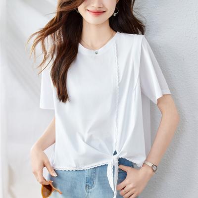 Side Slit Lace Lace T-shirt for Women's Summer New Simple Solid Color Loose Top