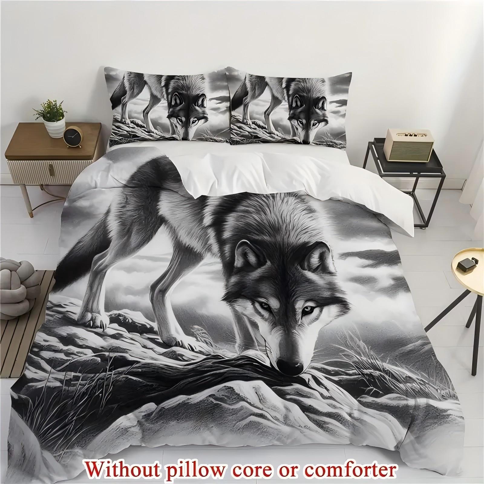 

Black White Sketch Wild Wolf 3D Printed Duvet Cover Soft Comfortable Bedding Set Wildlife Nature Style Quilt Cover Pillowcases 135x200cm 2pcs