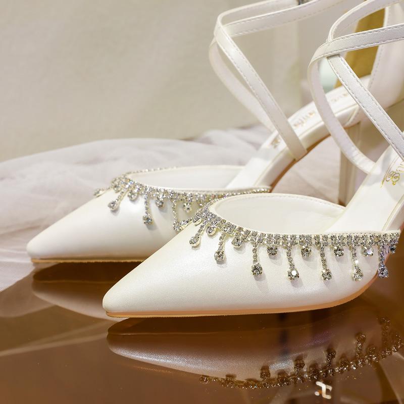 Fashion Women White Princess High Heels Pointed Toe Chunky Heel Cross Strap Lace Up Wedding Shoes Hollow Out Design Large Size