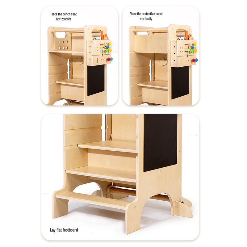 Adjustable Wooden Kitchen Step Stool for Children - Learning, Interactive, and Height-Increasing.