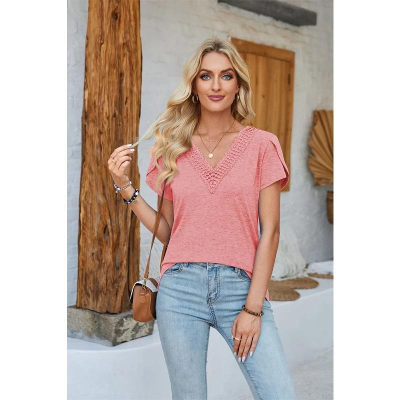 Women V Neck Pullover Petal Short Sleeves T-Shirt Summer Comfortable Casual Solid Color Loose Tops Female Elegant Commuter Tees