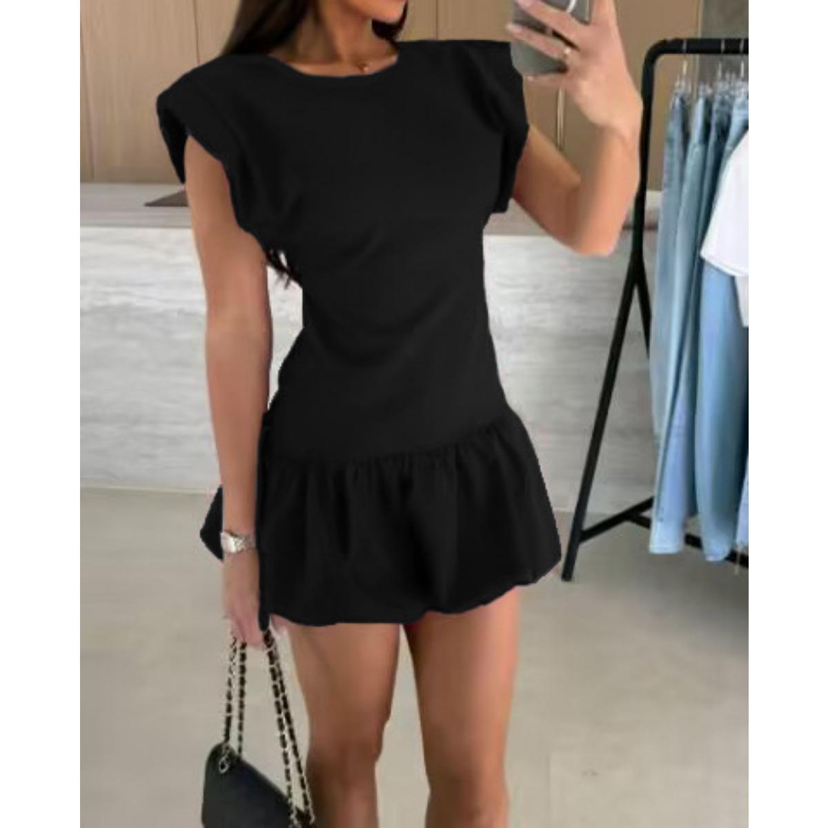 

Summer New Women s Sleeveless Round Neck Ruffle Dress Fashion Casual Short Sleeve Dress for Women European American Cross-border Style S чёрный