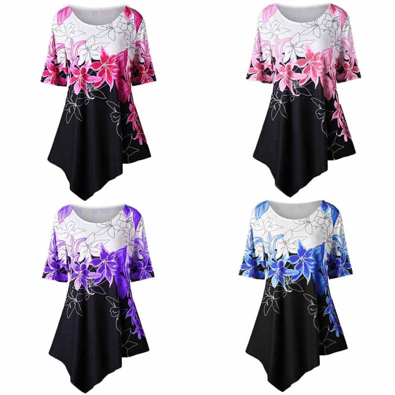 Fashionable Women Ladies Asymmetric Hem Floral Print T-shirt Tunic Tops For All Sizes