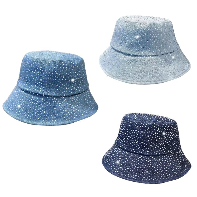 Rhinestones Decor Fisherman Hat Sun Foldable Bucket Hat for Vacation