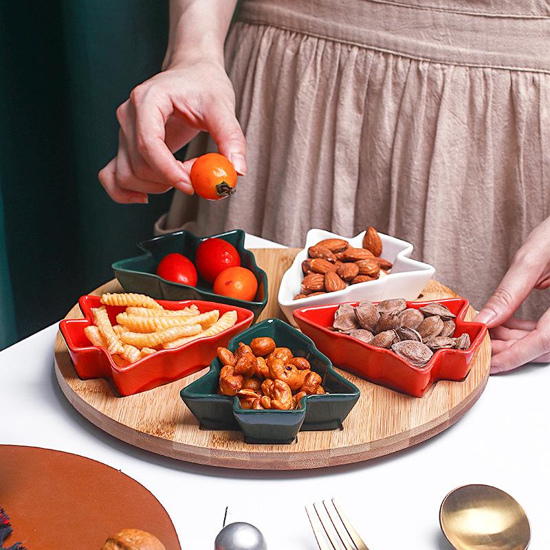 Creative Rotatable Ceramic Bamboo Wood Christmas Tree Dried Fruit Plate Snack Plate Fruit Plate Plate Plate Tableware Plate