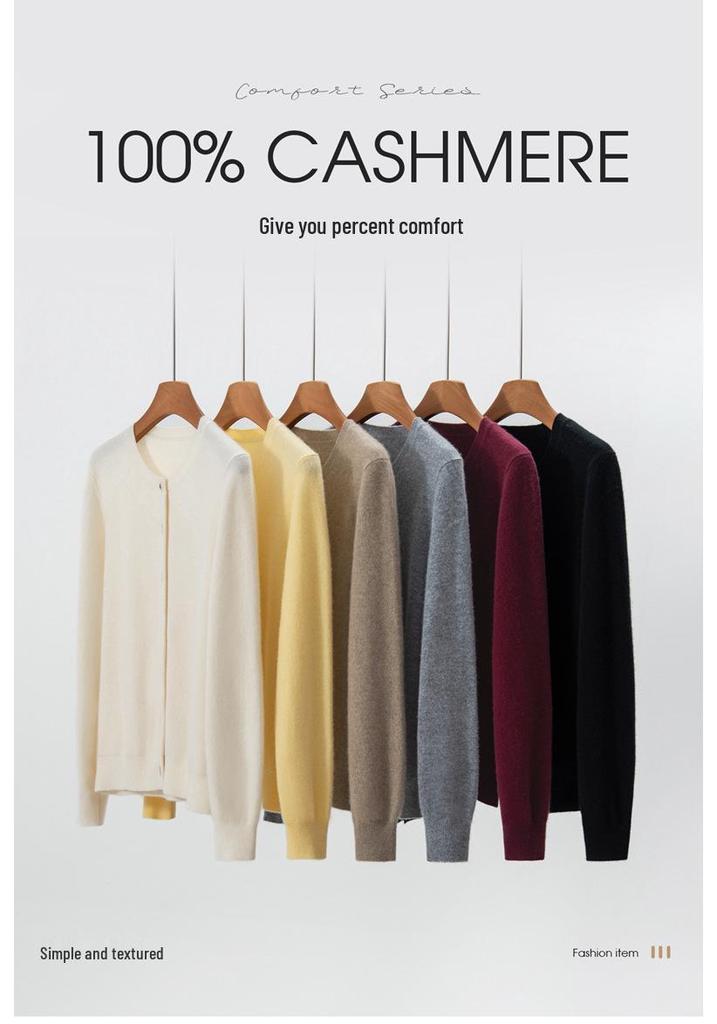 Women's 100% Pure Cashmere Round Neck Cardigan - Autumn/Winter Fashion Long Sleeve Knit Sweater Coat