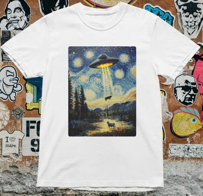 UFO Entführung T-Shirt Sternennacht Stil Alien Kuh Strahl Lustig Van Gogh Mashup