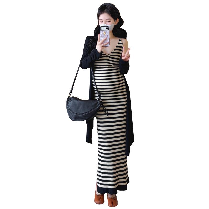 2026 Maternity Summer A-Line Dress: French Striped Spaghetti Strap, Slimming Age-Reducing Style