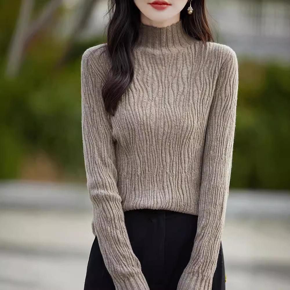 Koszula damska z długim rękawem i okrągłym dekoltem, plisowana, dzianinowa góra