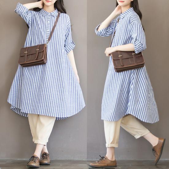 Plus Size Women Vertical Striped Loose Long Sleeve Button Down Shirt Midi Dress