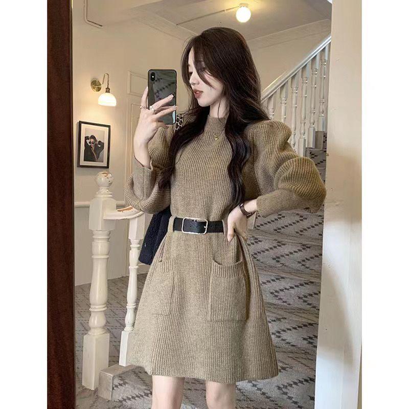 Plus Size Women's Korean-Style Fashion Knitted Dress: Autumn/Winter Waist-Slimming, Figure-Flattering Trend.