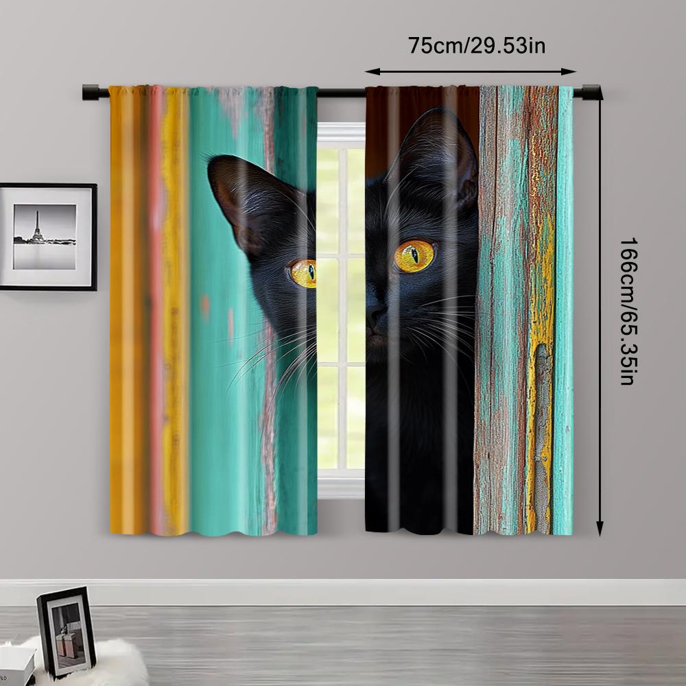 2pc,  Drapes Black Cat Versatile 100% Polyester,Without Electricity Versatile Applies To Living Room, Outdoor Decor